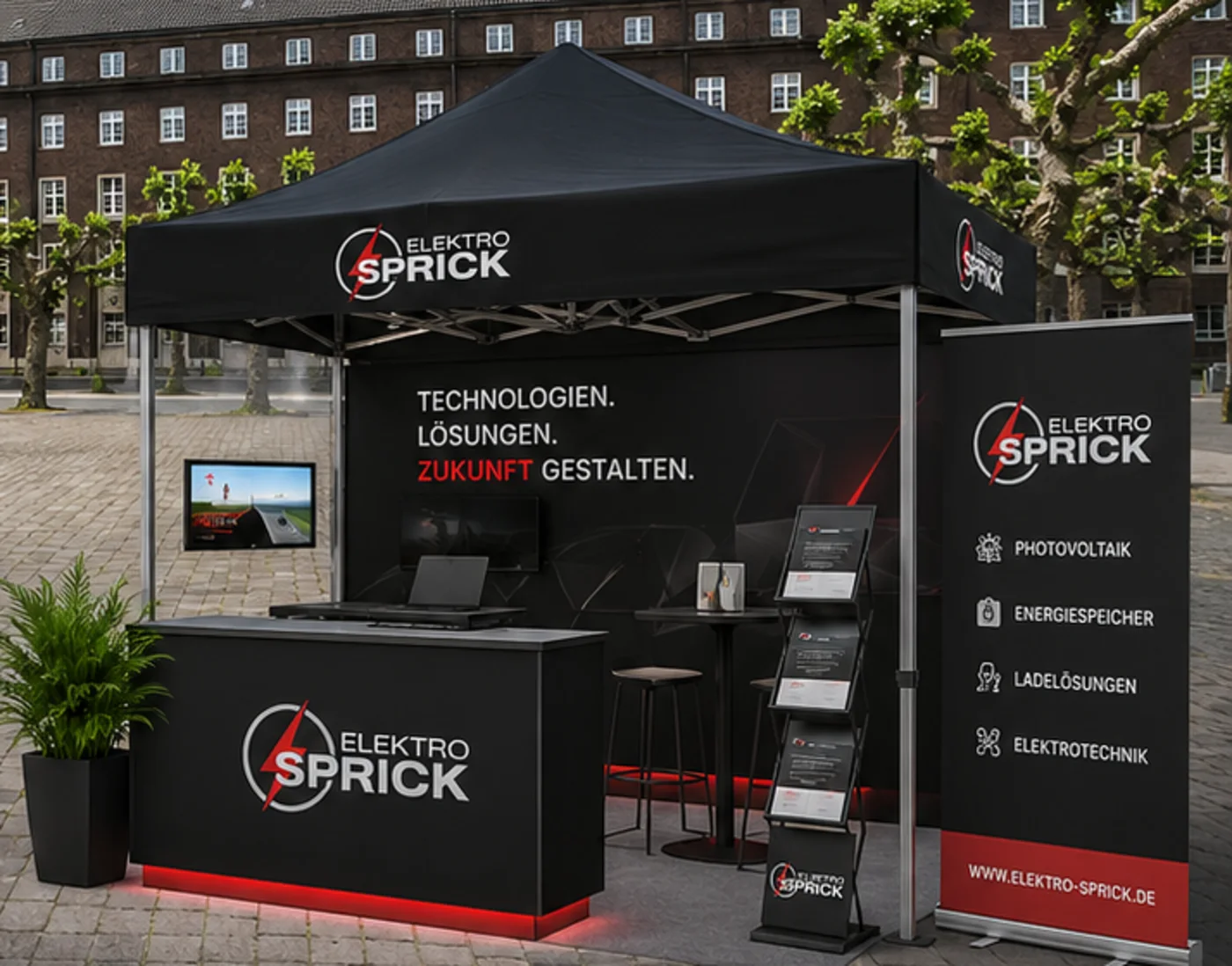 Der Messestand von Elektro Sprick auf dem Friedrich-Ebert-Platz vor dem Herner Rathaus